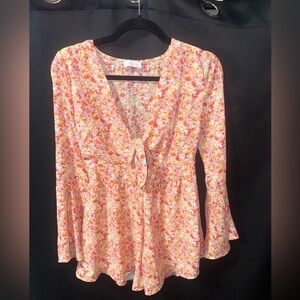 Pink Lily Pink and Orange Floral Tie-Front V-Neck Blouse
